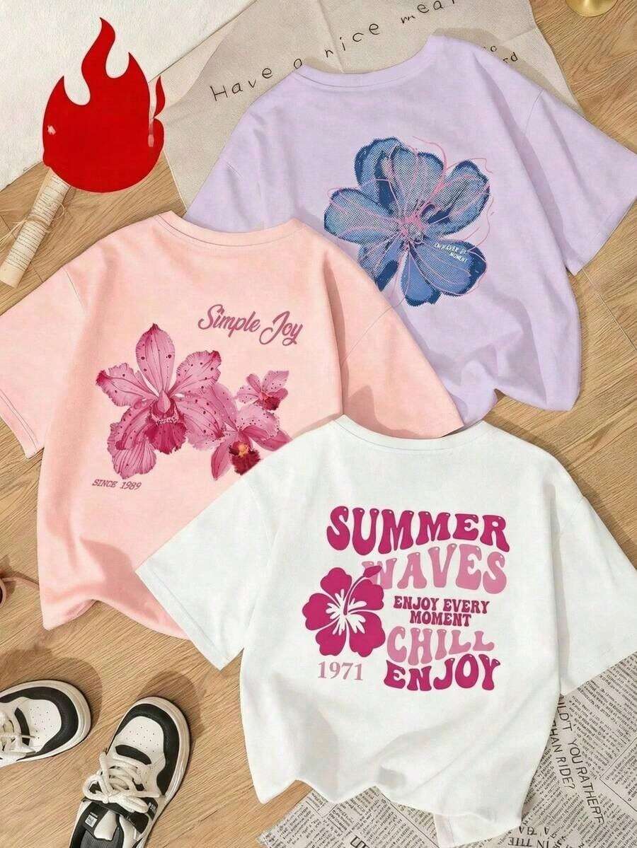 Set Of 1 Women's Short-Sleeved Round Neck T-Shirts With Colorful Letter And Flower Print, Fashionable And Versatile, Suitable For Women's Blouses, Holidays And Casual Wear In Spring - White - View 1