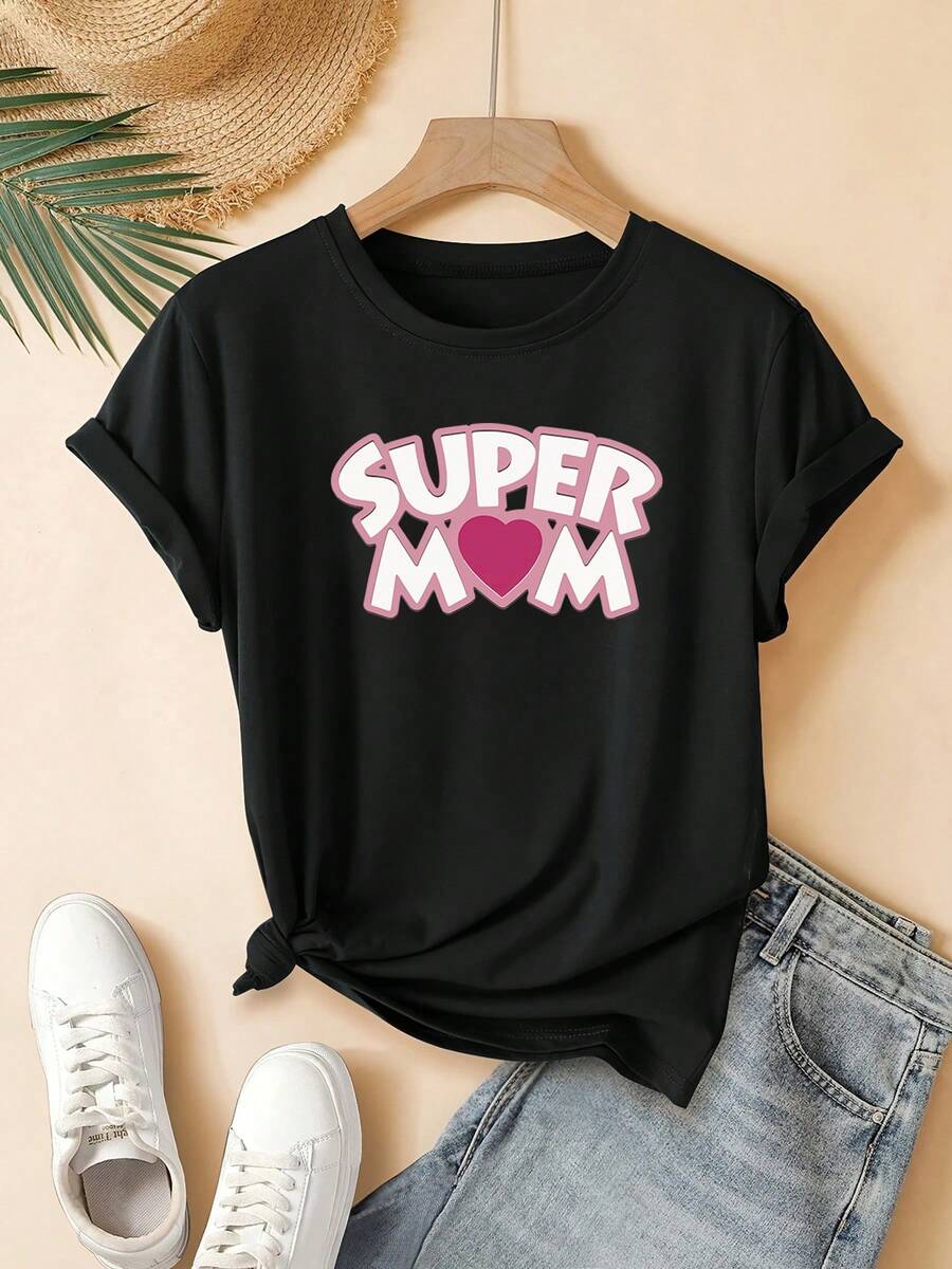 Women's T-Shirt With A "Super Mom" Heart Design, Modern And Cute, Short Sleeves And Round Neck, Machine Washable, Suitable For Young Women's Casual Street Style, A Great Gift Choice, Ideal For Home, Office And Other Occasions. - 黑色 - 查看 1