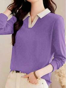 Camiseta de manga larga con cuello de polo para mujer, prenda exterior de moda, jersey informal de primavera, 2025 Nuevo otoño - Lila Púrpura - Ver 1
