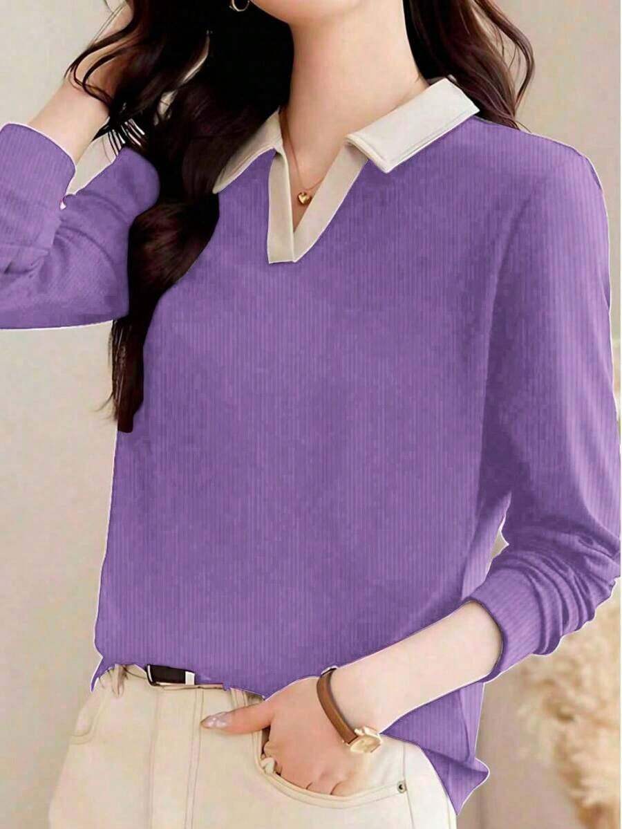 Camiseta de manga larga con cuello de polo para mujer, prenda exterior de moda, jersey informal de primavera, 2025 Nuevo otoño - Lila Púrpura - Ver 1