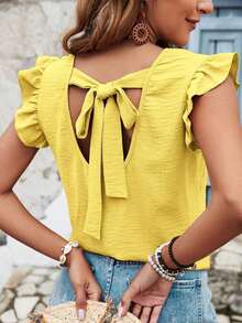 Blusa de verano para mujer con espalda cruzada, volantes y color sólido - Amarillo - Ver 3