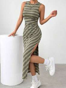 Vestido ceñido con abertura y estampado de leopardo gris sexy para mujer, moda de verano - Multicolor - Ver 7
