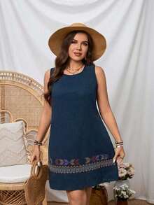Vestido casual sin mangas de cuello redondo con decoración bordada, talla grande, perfecto para vacaciones - Azul marino - Ver 3