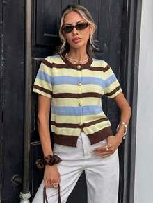 Blusa de punto holgada de manga corta con cuello redondo de estilo casual para mujer, estilo universitario con rayas marrones y azules, blusa de verano, blusa de estilo universitario estadounidense, adecuada para uso diario, blusa de verano, blusa - Multicolor 8 - Ver 8