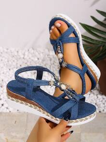 Women's Summer New Bohemian Style Beaded Wedge Platform Sandals - Blue - View 6