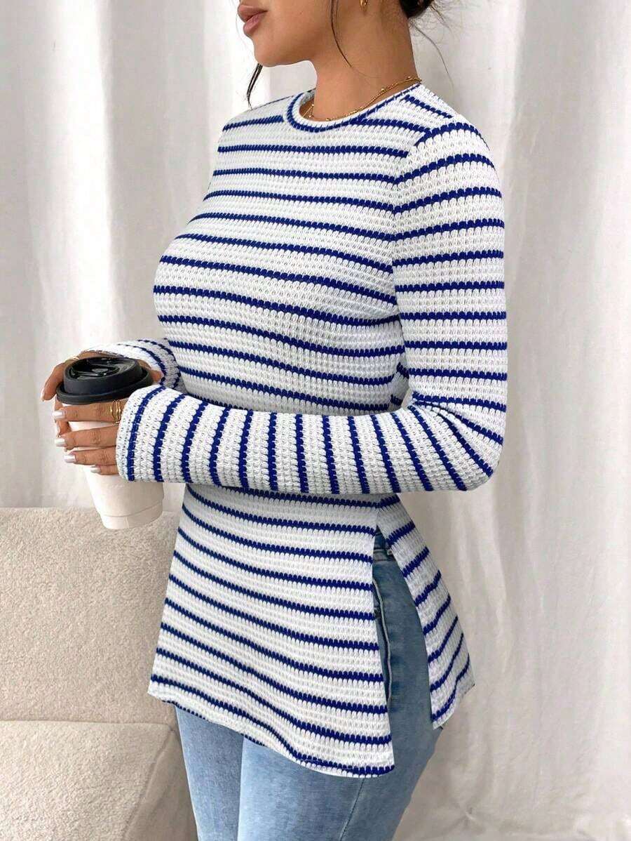 Frenchy Camiseta de manga larga a rayas de estilo informal para mujer con bajo con abertura, para primavera y otoño - Azul - Ver 1