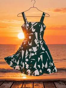 Vestido de talla grande con estampado, lazo en la cintura y decoración para mujeres de vacaciones - Verde Oscuro - Ver 1