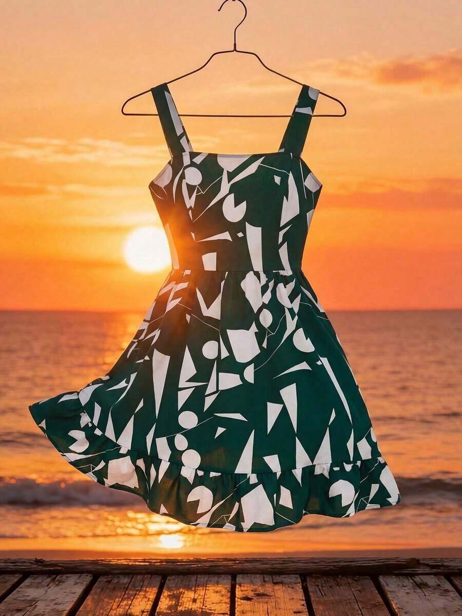 Vestido de talla grande con estampado, lazo en la cintura y decoración para mujeres de vacaciones - Verde Oscuro - Ver 1