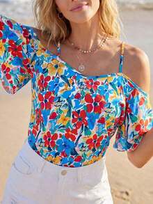 Blusa de hombros descubiertos con estampado floral, blusas de manga corta - Azul y blanco - Ver 6