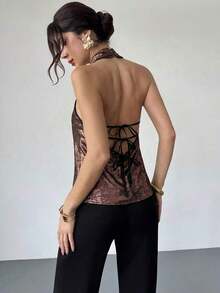 Blusa de satén dorado con cuello de tortuga y espalda de halter, elegante y casual para ir al trabajo/Look de Año Nuevo/Blusa sexy/Blusa brillante/Blusa para fiesta/Blusa de estilo "Old Money"/Blusa dorada - Marrón - Ver 5
