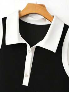 Camiseta sin mangas de talla grande con bloques de color acanalados, adecuada para primavera, atuendo de fiesta de carnaval - Blanco y Negro - Ver 4