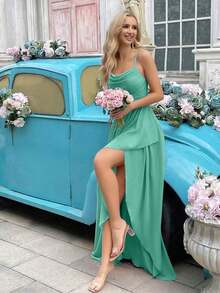 Vestido formal elegante y minimalista para mujer, vestido de dama de honor de verano, adecuado para bodas, invitados, galas, eventos formales, fiestas de compromiso, bodas de jardín - Vestido largo de dama de honor con cuello drapeado, bajo asimétrico y tirantes, unicolor, primavera - verde menta 2 - Ver 5