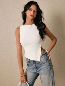 Blusa de mujer de unicolor con cuello redondo y abotonadura asimétrica, elegante y de moda, top de verano, para vacaciones, salidas, estilo "old money" para mujer, verano para mujer - Blanco - Ver 6