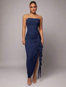 Vestido elegante de primavera y verano temprano con estampado floral verde, cuello fruncido, manga abullonada y abertura alta, también adecuado para el Día de San Valentín, citas, ocasiones románticas;talla grande vestido ajustado de encaje para mujeres, vestido para el Día de San Valentín, vestido de fiesta, vestido para citas románticas, vestido de dama de honor, vestido de noche, vestido para el trabajo, vestido de cumpleaños, vestido de noche elegante para mujeres, vestidos elegantes para mujeres, vestidos para mujeres, vestidos de fiesta para mujeres, vestidos formales para mujeres, vestidos de verano para mujeres - Azul marino - Ver 8