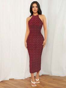Vestido ajustado de cuello halter con estampado floral - Rojo - Ver 8