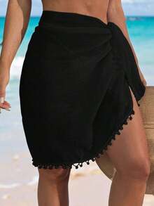 Pañuelo de playa para mujer con flecos y pompones, estilo bohemio, para cubrir y sarong - Negro 2 - Ver 3