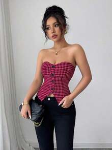 Top corto sin mangas con botones delanteros y estampado de pata de gallo, para uso en oficina o viajes, de moda para el verano - Rosa Fucsia - Ver 4