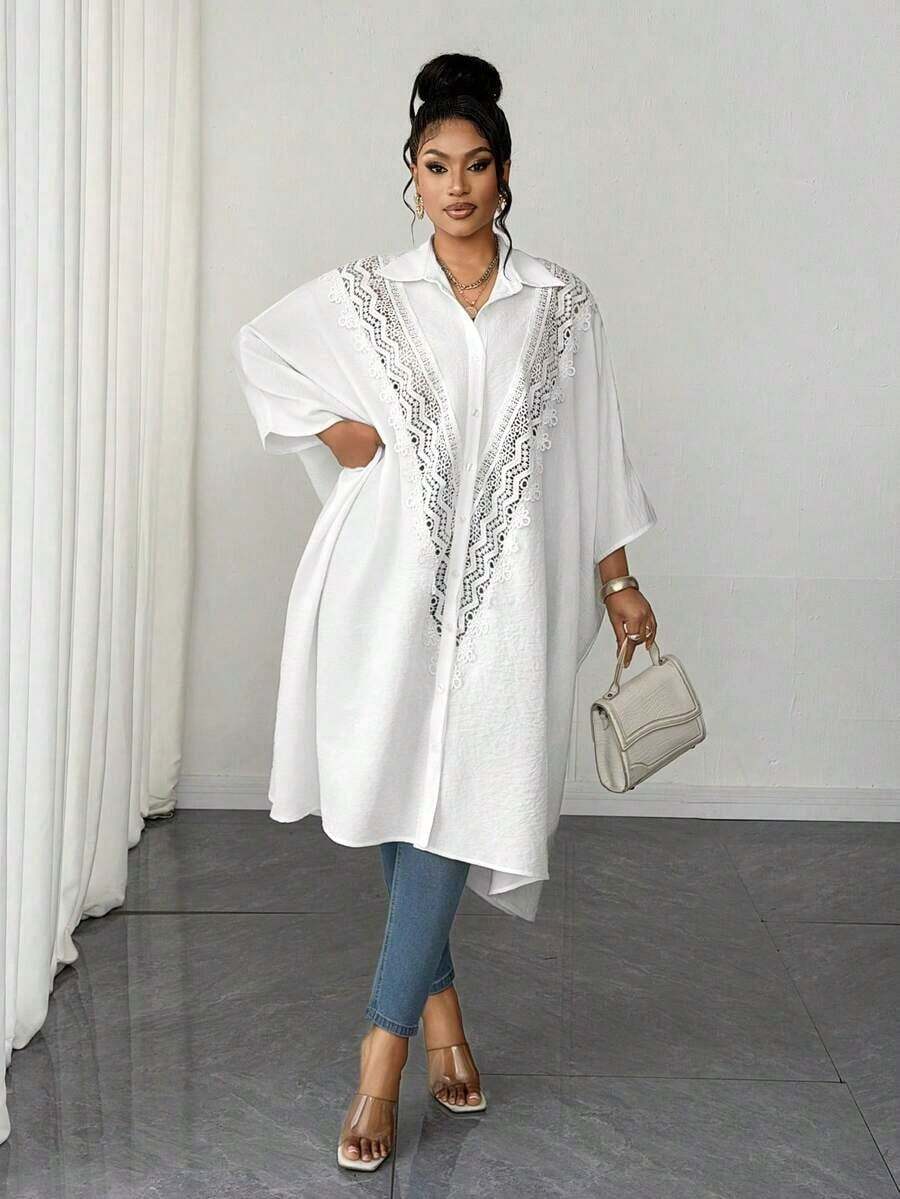 Blusa de manga de murciélago con parches de encaje de unicolor casual/de oficina talla grande - Blanco - Ver 1