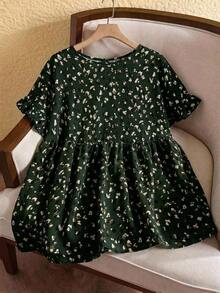 Camisa con estampado todo sobre y mangas con volantes, estilo casual de resort, tallas grandes.Atuendos de verano para mujer/Verano, ropa de mujer para vacaciones tropicales - Verde Oscuro - Ver 6