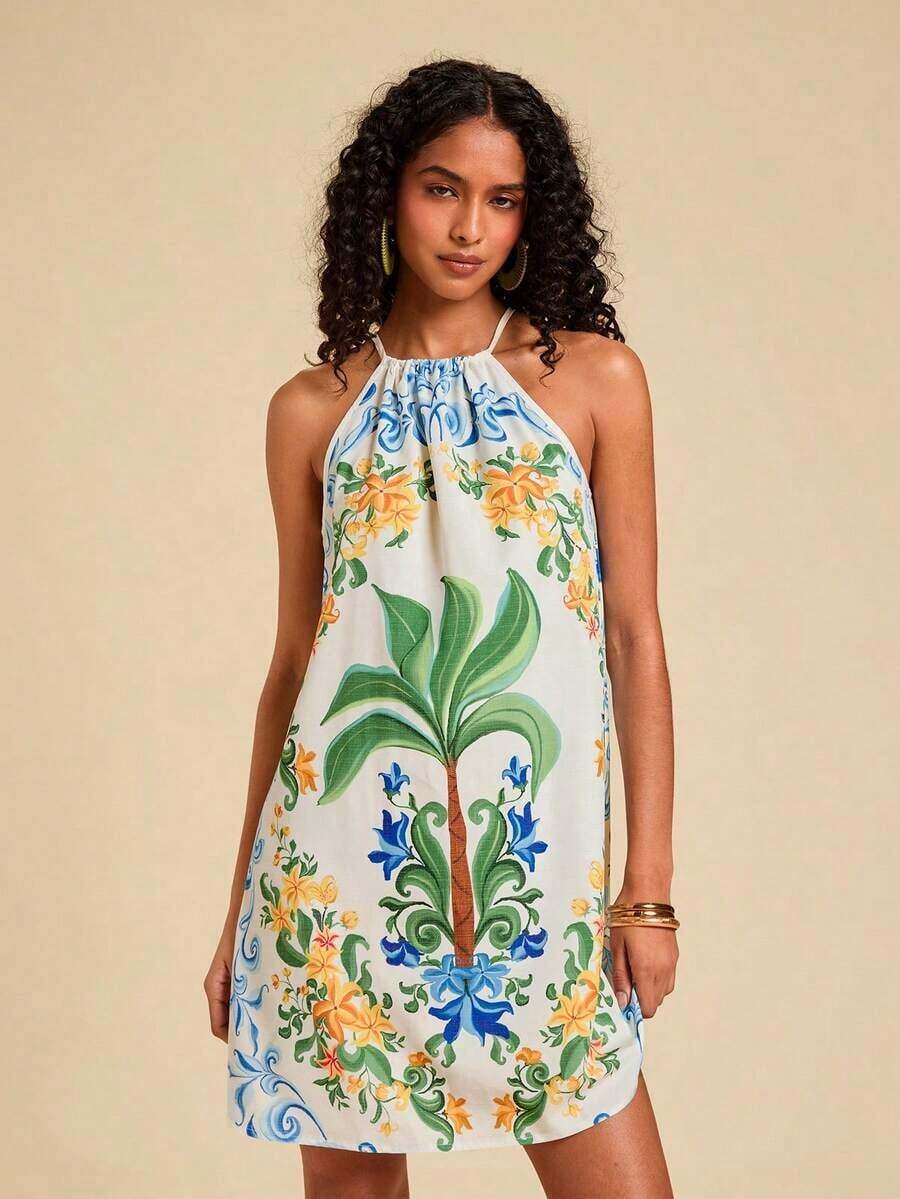 Vestido corto holgado con hombros al descubierto y estampado tejido para mujeres para vacaciones - Azul - Ver 1