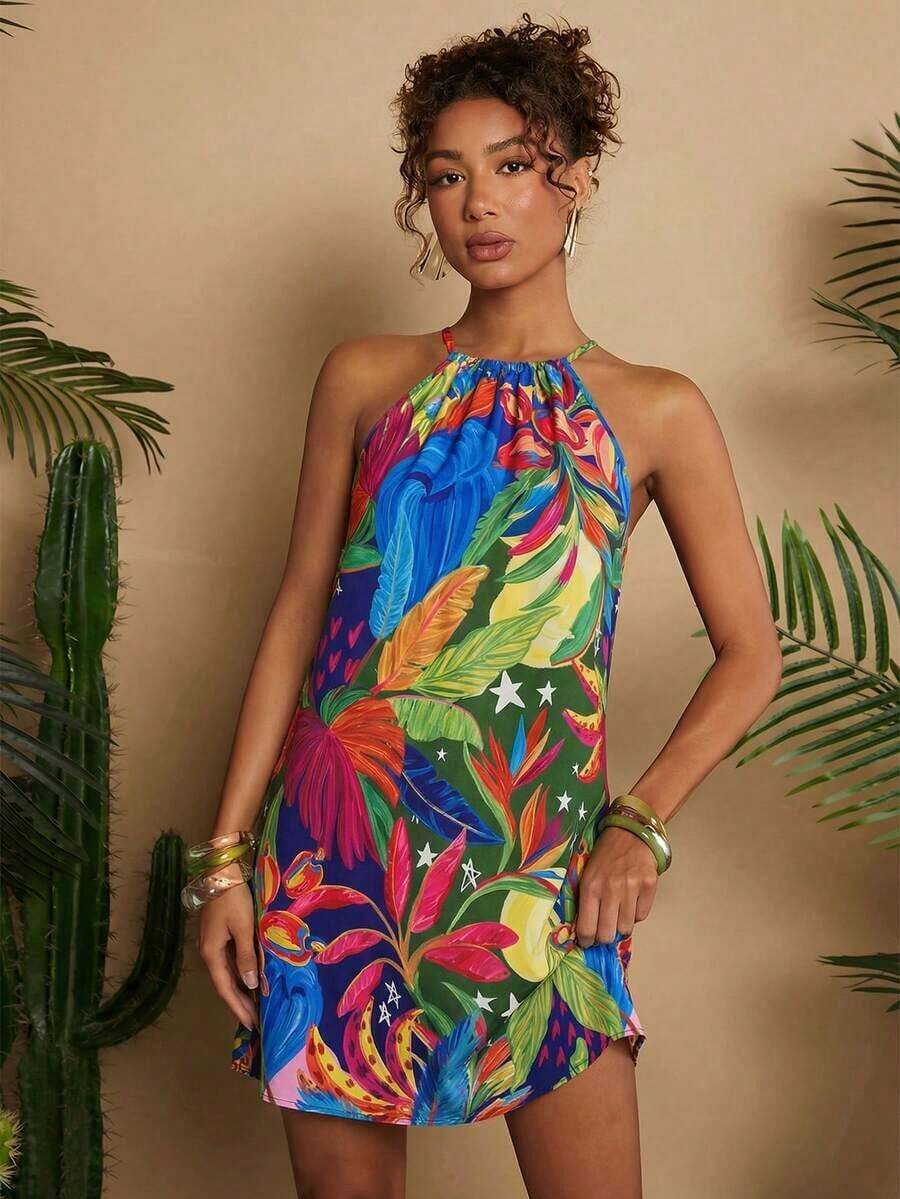 Vestido corto holgado con hombros al descubierto y estampado tejido para mujeres para vacaciones - Azul 2 - Ver 1