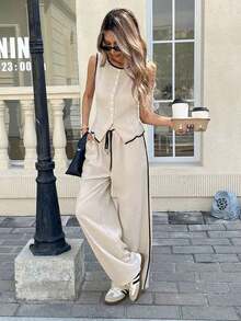 Conjunto de 2 piezas de top tipo camiseta y pantalones de verano casuales con ribete en contraste para mujer - Albaricoque - Ver 4