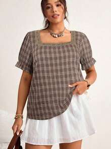 Blusa de manga corta con cuello cuadrado y parches de encaje de talla grande, blusa de manga abullonada - Café integral - Ver 4