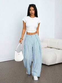 Pantalones anchos de verano con dobladillo curvo verde, estilo vintage, casual y para salir - Celeste 2 - Ver 5
