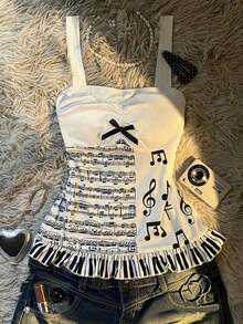 Esta dulce y adorable blusa crop de ajuste ceñido inspirada en el estilo Y2K de cuento de hadas presenta estampados de partituras y notas musicales, y un lindo moño, que muestra un encanto femenino.Es una opción perfecta ya sea como regalo para una amiga o para uso diario. - Multicolor - Ver 1