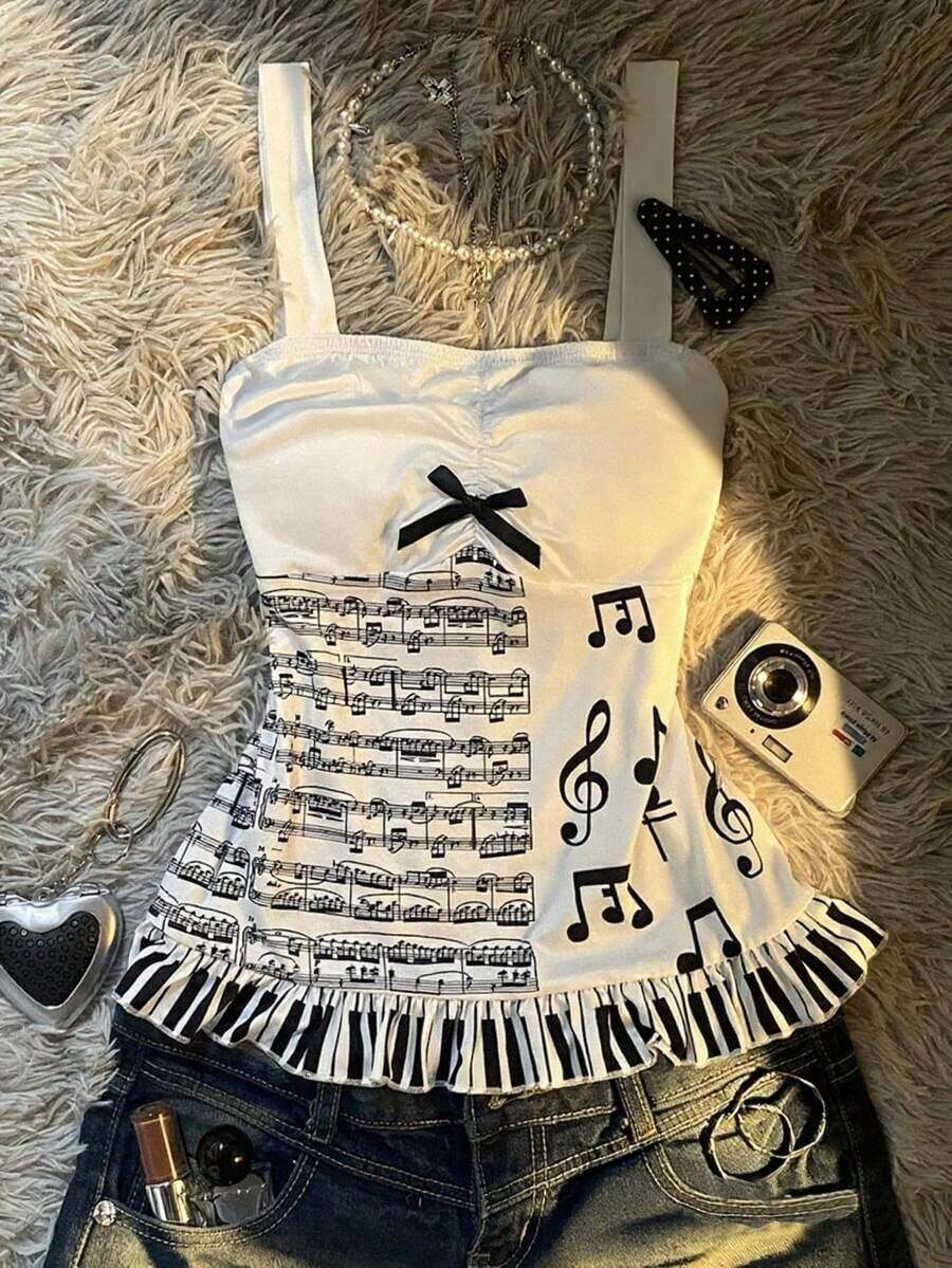 Esta dulce y adorable blusa crop de ajuste ceñido inspirada en el estilo Y2K de cuento de hadas presenta estampados de partituras y notas musicales, y un lindo moño, que muestra un encanto femenino.Es una opción perfecta ya sea como regalo para una amiga o para uso diario. - Multicolor - Ver 1