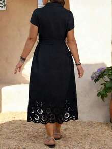 Vestido casual de talla grande para mujer con cinturón de unicolor - Negro 2 - Ver 2