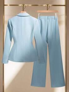 Conjunto de blazer y pantalón de bolsillo de unicolor azul con botones dorados y cuello entallado elegante para mujer, versátil para otoño/invierno - Azul - Ver 2