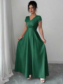 Vestido elegante y romántico para mujeres con cuello en V, mangas cortas y cintura ceñida - Verde Oscuro - Ver 3