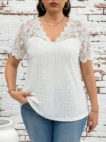 Clasi Camiseta de talla grande de verano de unicolor con contraste de encaje calado y bordado - Púrpura malva - Ver 4