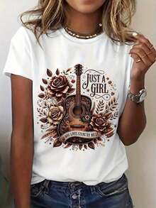 Women's Country Music Lover Graphic T-Shirt - Designed Specifically For Country Music Fans, Featuring A Floral Guitar Print, Soft And Stretchy, With A Round Neck And Short Sleeves, Suitable For Casual Wear In Summer And Spring, Guitar T-Shirt. - 白色 - 查看 5