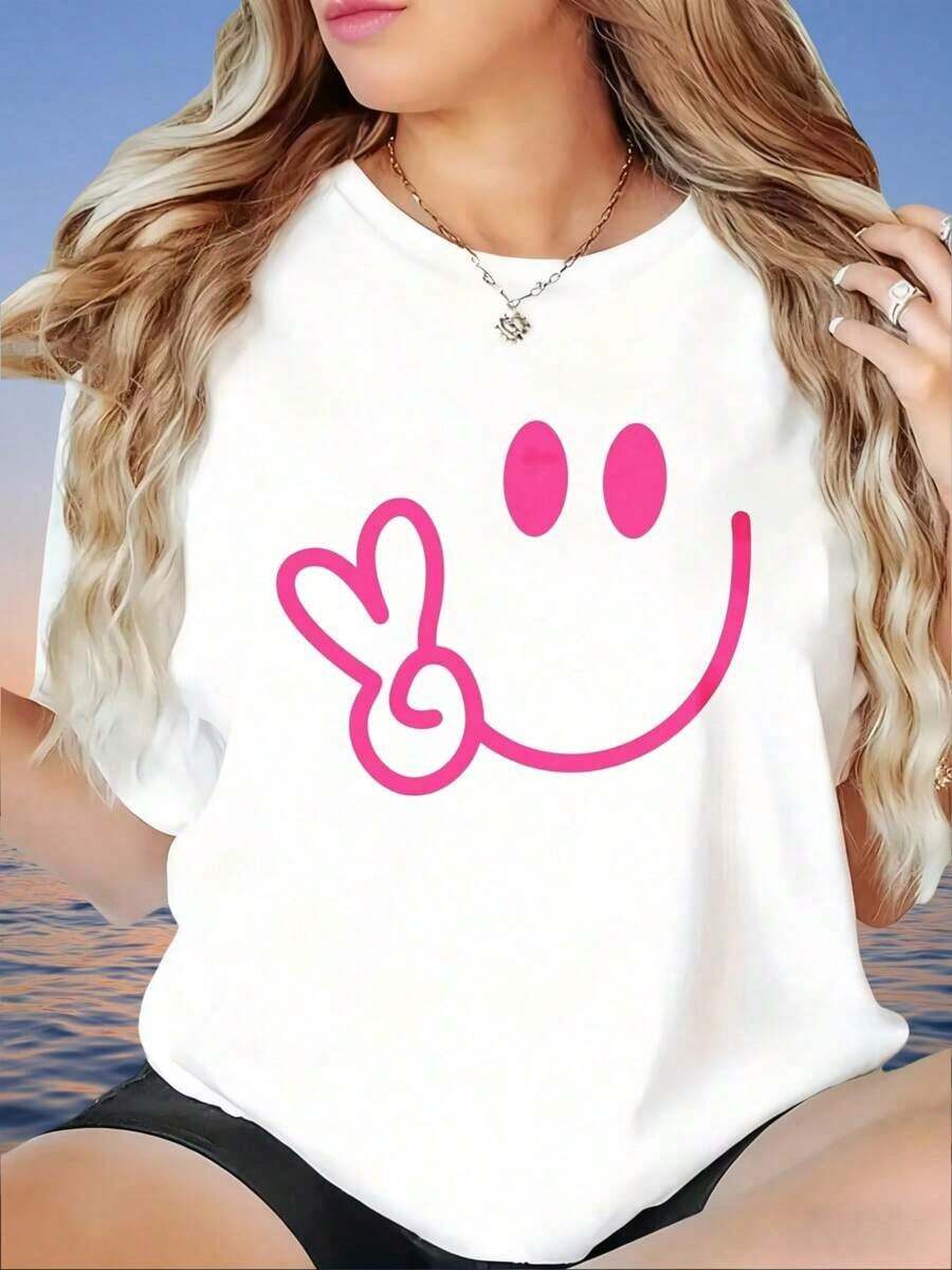 White T-Shirt With Pink Face Graphic And Peace Symbol, Casual Loose Top For Women, Fashionable Summer Garment, Women's T-Shirt, 100% Cotton - 白色 - 查看 1