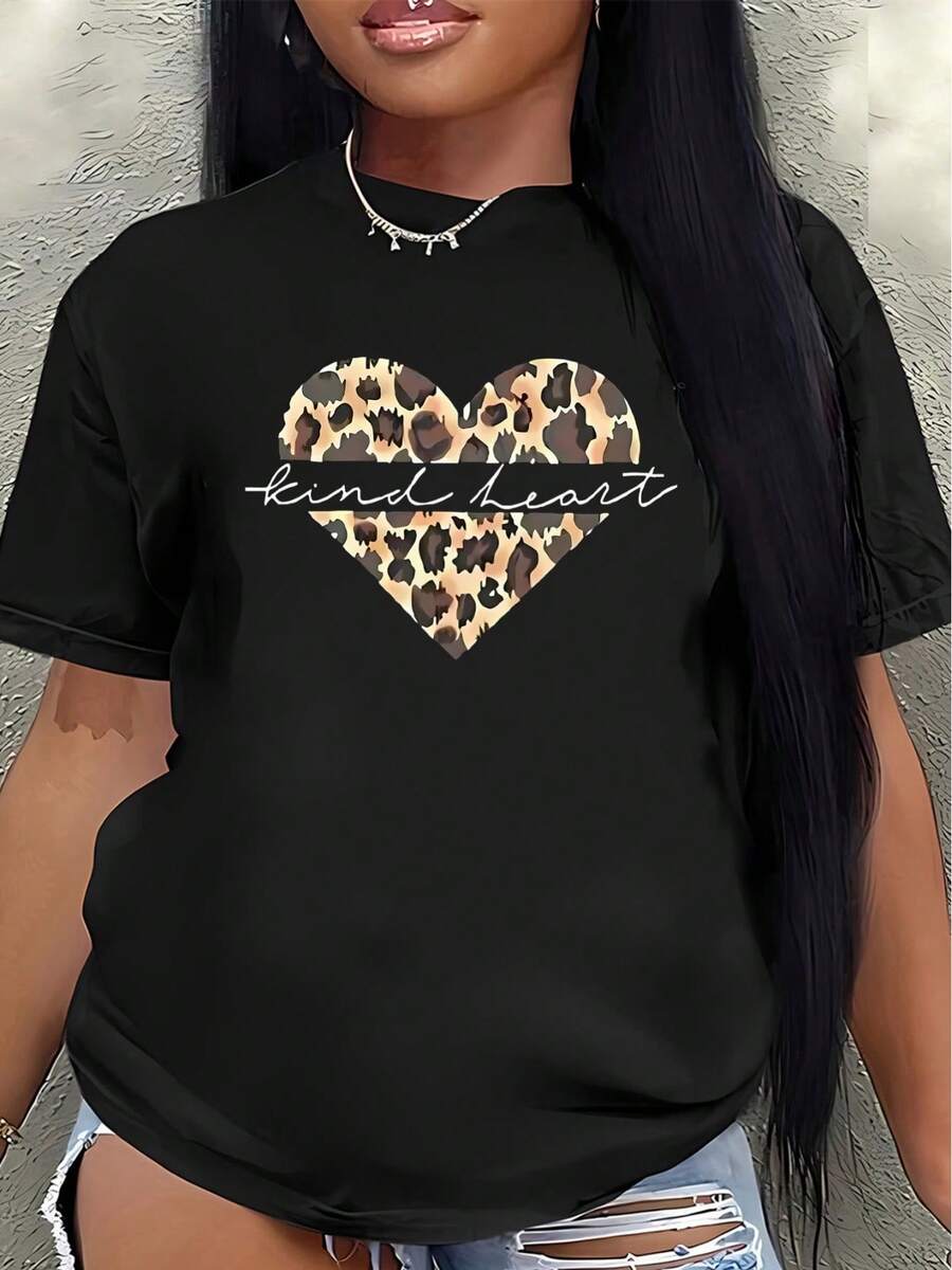 Camiseta de manga corta, ligera y duradera, con un diseño de corazón con estampado de leopardo, perfecta para salidas informales en casa, cafeterías u oficinas.women's shirts - Negro - Ver 1