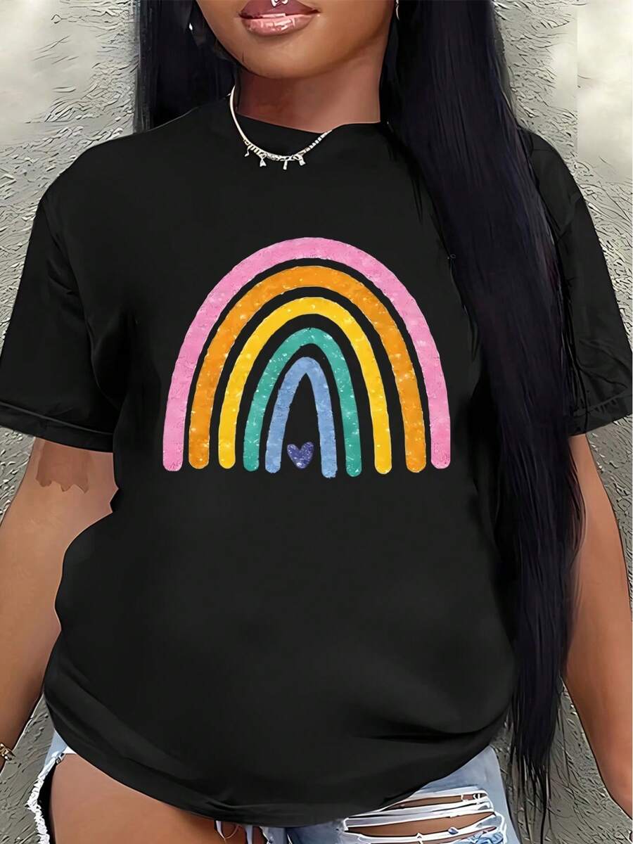 This Lightweight And Durable Short-Sleeved T-Shirt Features A Vibrant Rainbow Design And Is Perfect For Lounging At Home, Going To Cafes, Or Enjoying Outdoor Activities. Made From A Soft And Comfortable Fabric, It's Suitable For Everyday Wear. - 黑色 - 查看 1