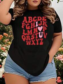 Camiseta Casual para Mujer con Estampado de Corazón y Alfabeto Gráfico, Talla Grande, para el Día de San Valentín y Uso Diario - Negro - Ver 7
