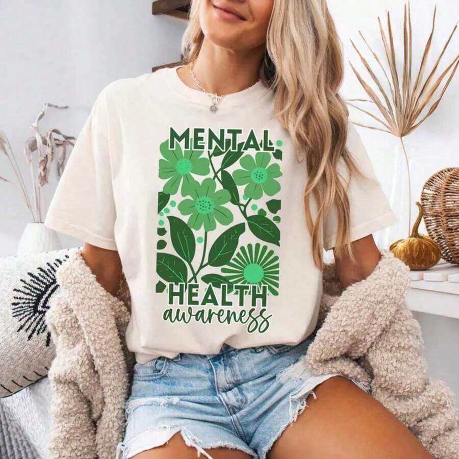 1 pieza Camiseta de Confort Colors para la Concientización sobre la Salud Mental, Camiseta Oversized Verde con Diseño Floral Boho, Camiseta con Gráficos Florales, Invisible Illness, Regalo para Terapeutas, 180g 100% Algodón, los diseños están impresos. Unisexo. - Blanco 5 - Ver 1