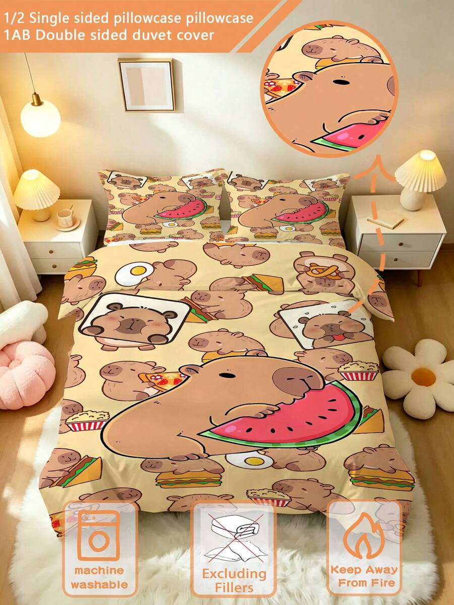 Set Perlengkapan Tidur Anak Capybara 2/3pcs (Seri Musim Semi/Panas) Sarung Selimut Cetak Dua Sisi Cocok Untuk Anak-anak, Remaja, Laki-laki dan Perempuan, Penggunaan Sepanjang Musim Dengan Resleting (Isi Tidak Termasuk) Ukuran Sarung Bantal 50x75cm 100% Serat Poliester - MultiWarna - View 1