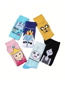 3/5 Pairs Random Women's Socks, Warner Bros Collaboration Adventure Series Printed With Finn, Jake, Cat, Cake, Ice King And Other Cartoon Characters, Cute And Socks Suitable For Daily Wear - Multicolor - View 5