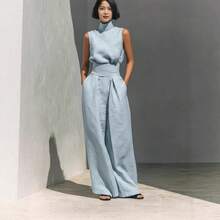 2026 New Foreign Trade European American Women Cotton Linen Sleeveless Top & Long Pants Casual Two Piece Set - 玫紅色 - 查看 3