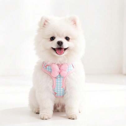 Bộ áo khoác và dây đeo Kawaii cho chó mèo nhỏ, vòng cổ lưới mềm mại kẻ caro kèm dây xích chắc chắn, phụ kiện đi dạo ngoài trời dễ thương cho cún cưng.