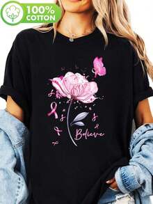 2026Y-Cree en las grandes flores, mariposas, cintas rosas, cree en la flor, la mariposa, la cinta rosa, el polen, el cáncer de mama, camiseta estampada, top casual de manga corta y cuello redondo, verano y primavera, camiseta de mujerSuitable for spring, summer and autumn - Negro - Ver 1
