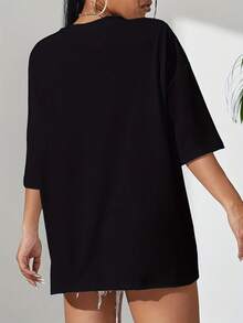 Camiseta casual negra de estilo athleisure - con estampado audaz en blanco "¿POR QUÉ NO?", corte holgado, mangas cortas, cuello redondo, lavable a máquina, adecuada para uso diario en primavera y verano, diseño sencillo, cómoda y versátil, absorbe la humedad, ropa casual para el gimnasio. - Negro - Ver 3