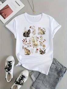 Camiseta con Estampado de Gato y Flores para Mujer, Camiseta Casual con Estampado, Cuello Redondo, Manga Corta, Ropa de Mujerblusas para mujer>ropa - Blanco - Ver 3