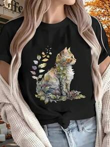 1 Women's Pure Cotton T-Shirt With Letter And Anime Print, Simple Design, Comfortable And Breathable, Suitable For Daily Casual Wear, Showing A Natural And Elegant Style, Must-Have For Summer Parties, Local Shipping, 180g 100% Cotton. - 黑色 - 查看 1