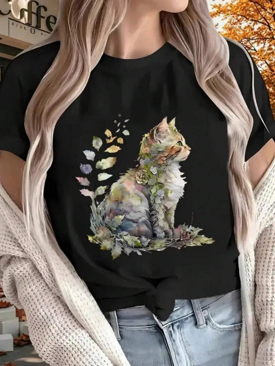 1 Women's Pure Cotton T-Shirt With Letter And Anime Print, Simple Design, Comfortable And Breathable, Suitable For Daily Casual Wear, Showing A Natural And Elegant Style, Must-Have For Summer Parties, Local Shipping, 180g 100% Cotton. - 黑色 - 查看 1