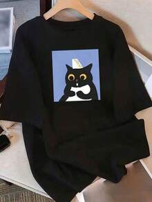 1 Piece Women's Short Sleeve T-Shirt With Cartoon Cat Print - Loose Fit, Round Neck, Casual Top, Machine Washable, Comfortable For All Seasons, Cat Design T-Shirt, Stylish T-Shirt, Funny Design T-Shirt, 180g 100% Cotton. - 黑色 - 查看 11